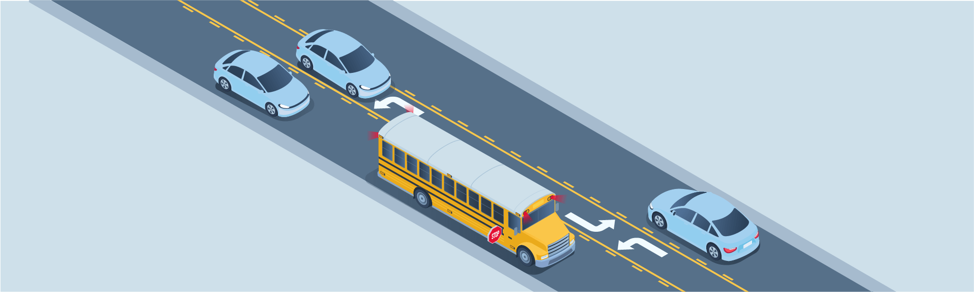 Stopping - When driving on a two-lane roadway with a center turning lane, what must you do if a school bus stops to pick up or drop off passengers?