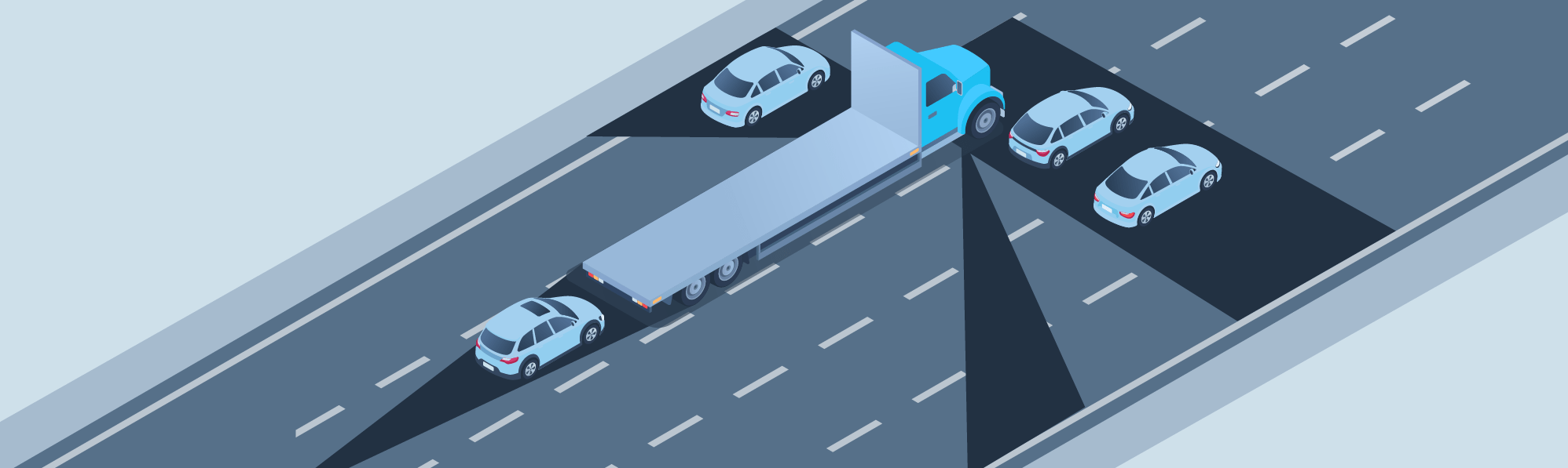 DMV Permit Car Sharing the road - When compared to regular vehicles, the blind spots of large commercial vehicles are: