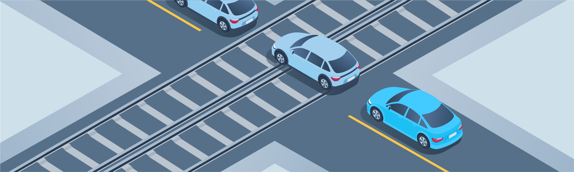 Stopping - When you are in a line of traffic that is crossing a railroad track with no signals or gates, what should you do before starting to cross the road?