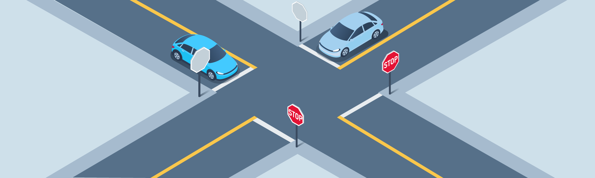 DMV Permit Car Intersections - When two vehicles arrive at a four-way stop at the same time, who has the right-of-way?