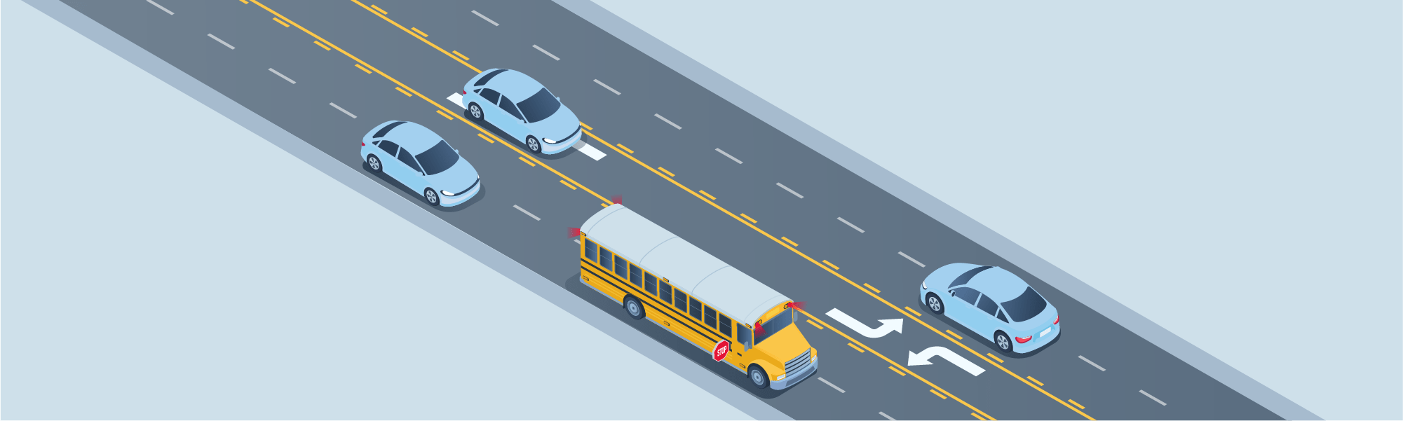 Stopping - When driving on a roadway with four or more lanes with a center turning lane, what must you do if a school bus stops to pick up or drop off passengers?